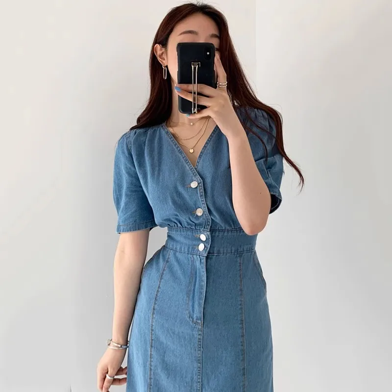 Women Summer Retro Midi Denim Dress Solid V Neck Button Sexy Split Slim Dress Korean Elegant Streetwear Ruched Dress