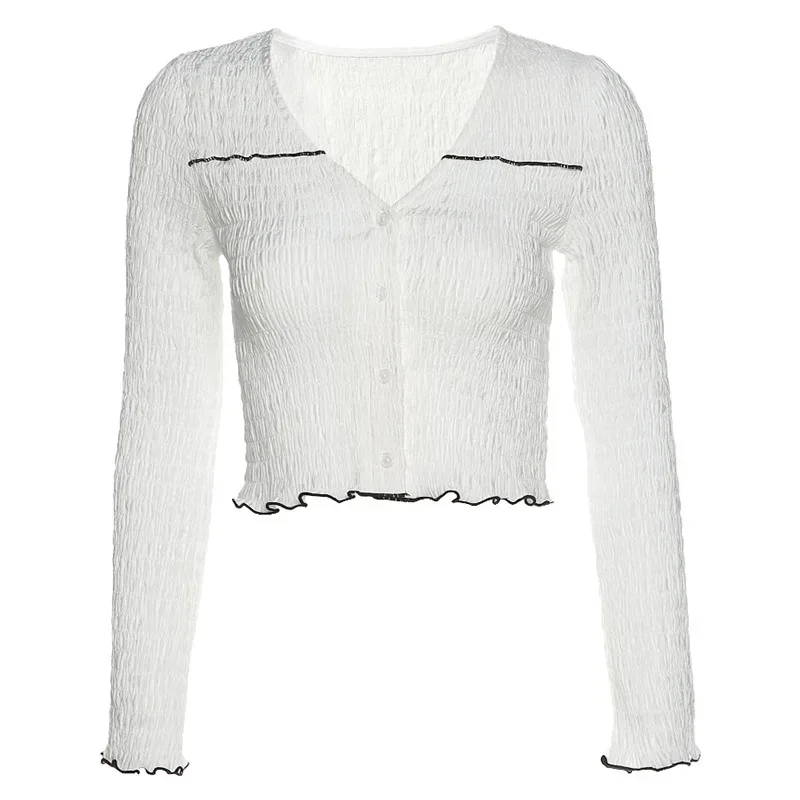 Fashion Casual Button Cardigan Thin See-Through Stretch Slim T-Shirt Women V Neck Street Tops Lady White Ruched Tee Long Sleeve