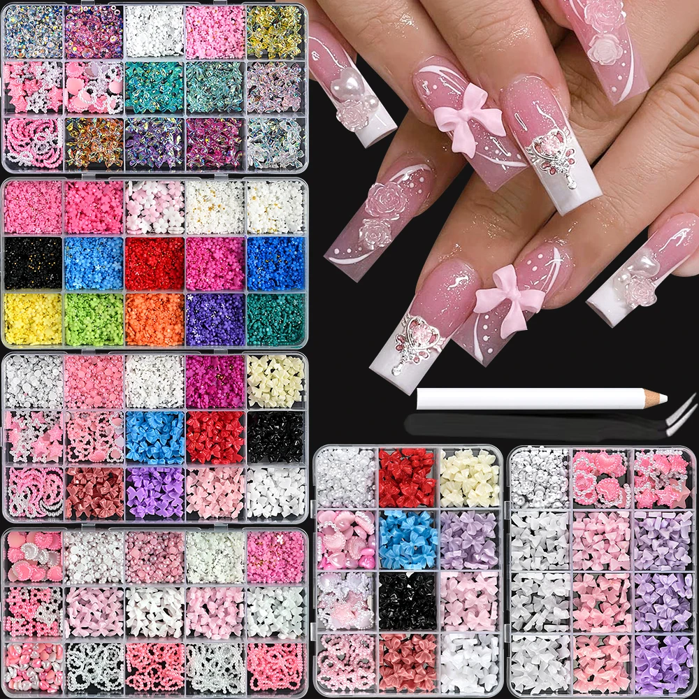 12 Grids Aurora Bowknot Nail Art Charms Resin Ribbon Bow/Star/Moon/Pearls Rhinestones DIY Kawaii Heart Manicure Decorations