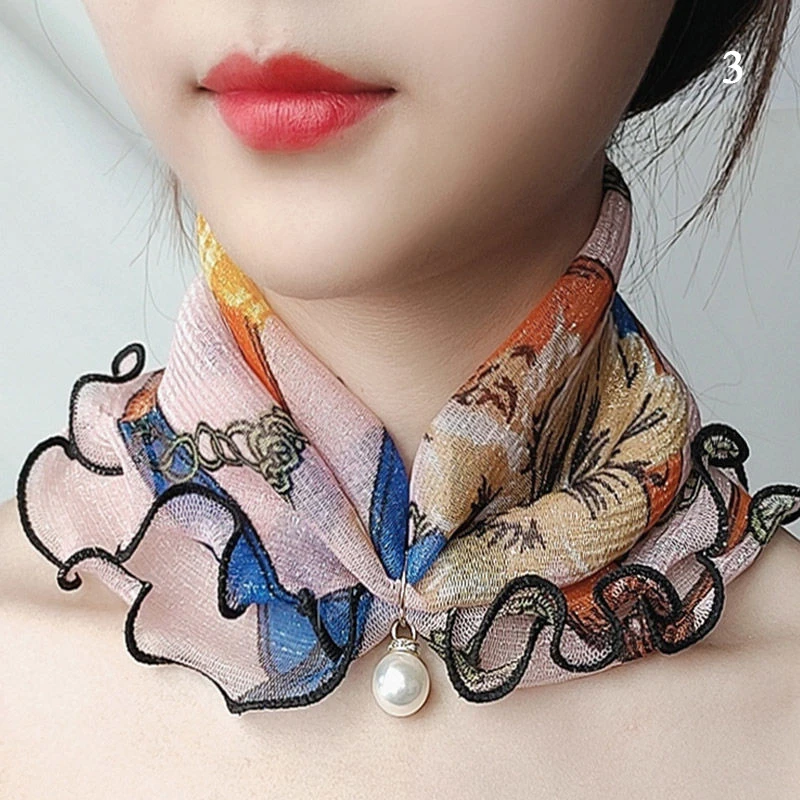 

Spring Organza Neck Collar Print Shiny Variety Loop Scarf Ruffle Lace Scarf Pearl Pendant Chiffon Scarves Bandana Thin Headband