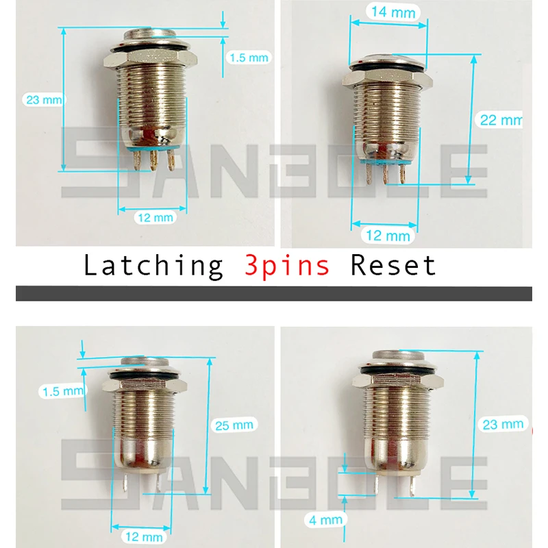 12mm Metal Push Button Switch Self-locking Latching/Momentary Reset Waterproof High/Flat Round 2/3 pins Nickel plated brass