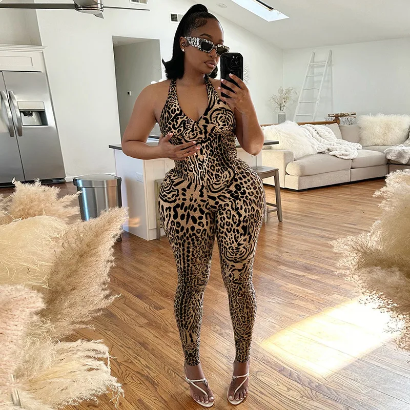 DSMTRC Women Coquette Summer Trend Playsuits Club Activity Sleeveless Fitness Stretch Workout Overalls Leopard Printed Jumpsuits