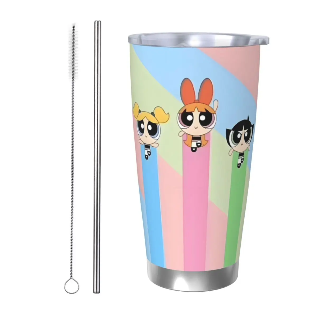 The-Powerpuff-Girls 20oz Stainless Steel Car Mug Straw Thermal Iced Travel Cup Vacuum Insulated Coffee Hot Cup