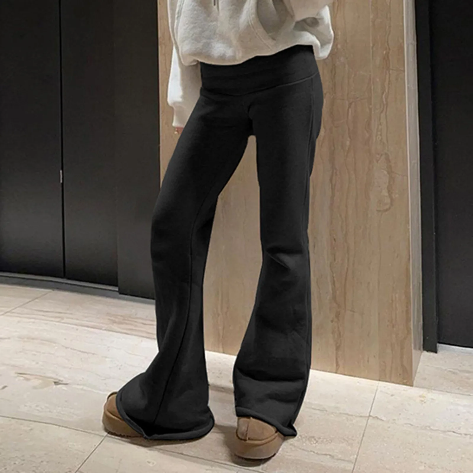 

Solid Black Woman Pants Slim Fitting High Waisted Streetwear Casual Flare Pants Women Clothes Full Length Capris Trousers Women