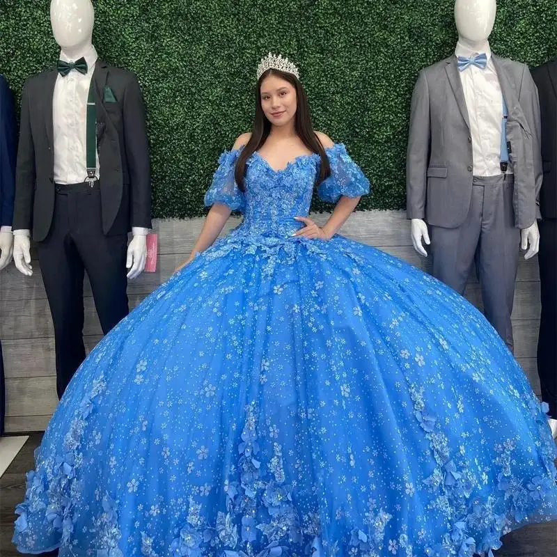 Robe de princesse Quinceanera bleue pour filles, appliques de fleurs 3D, dentelle, robe formelle personnalisée, Sweet 16