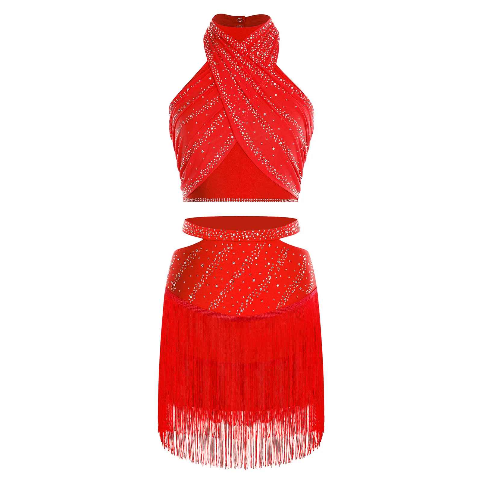 

Pro Latin Dance Outfit Women Rhinestone Halter Crop Top Ruched Mesh Skirt Elastic Waist Tassels Performance Competition Wear