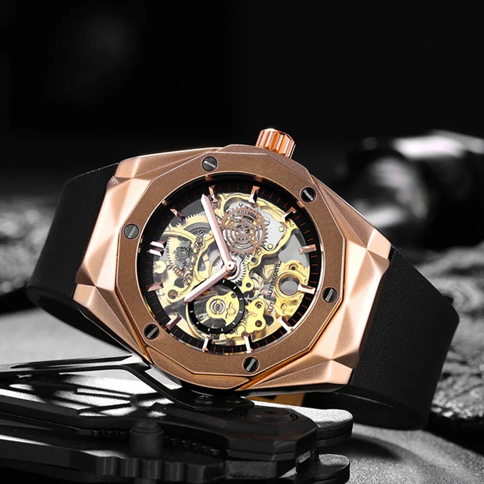 Automatic Watches for Men Skeleton Mechanical Self Wind Rose Gold Silver Black Case Rubber Sports Reloj Hombre Baratos