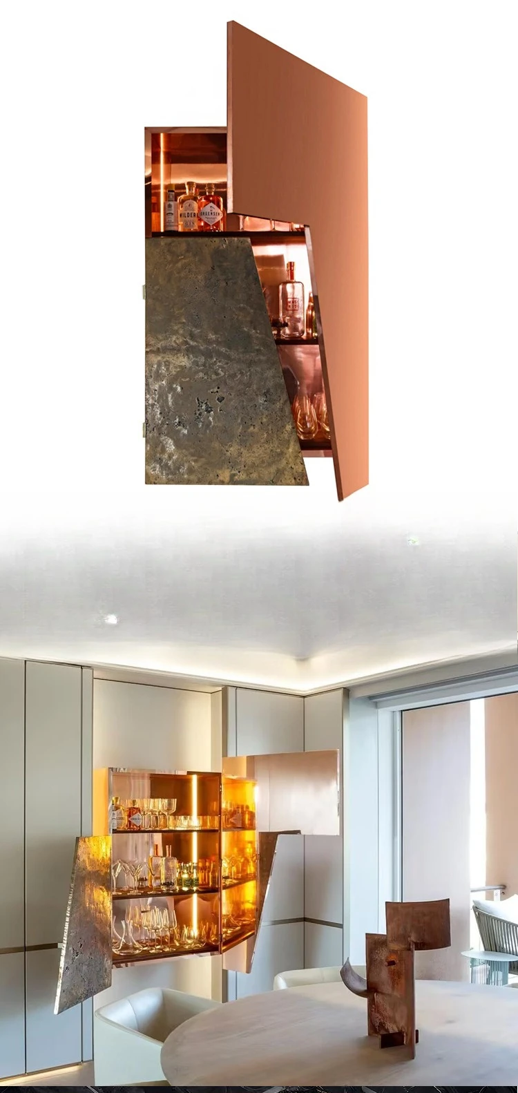 Light luxury, high-end brass hanging wine cabinet, luxury house large flat floor high-end sense, creative display