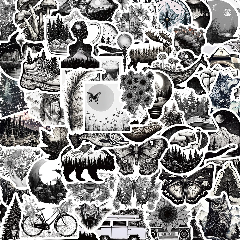 10/30/60PCS Black White Outdoor Landscape Cartoon Stickers Aesthetic Graffiti Car Motorcycle Luggage Waterproof Sticker Kid Toys