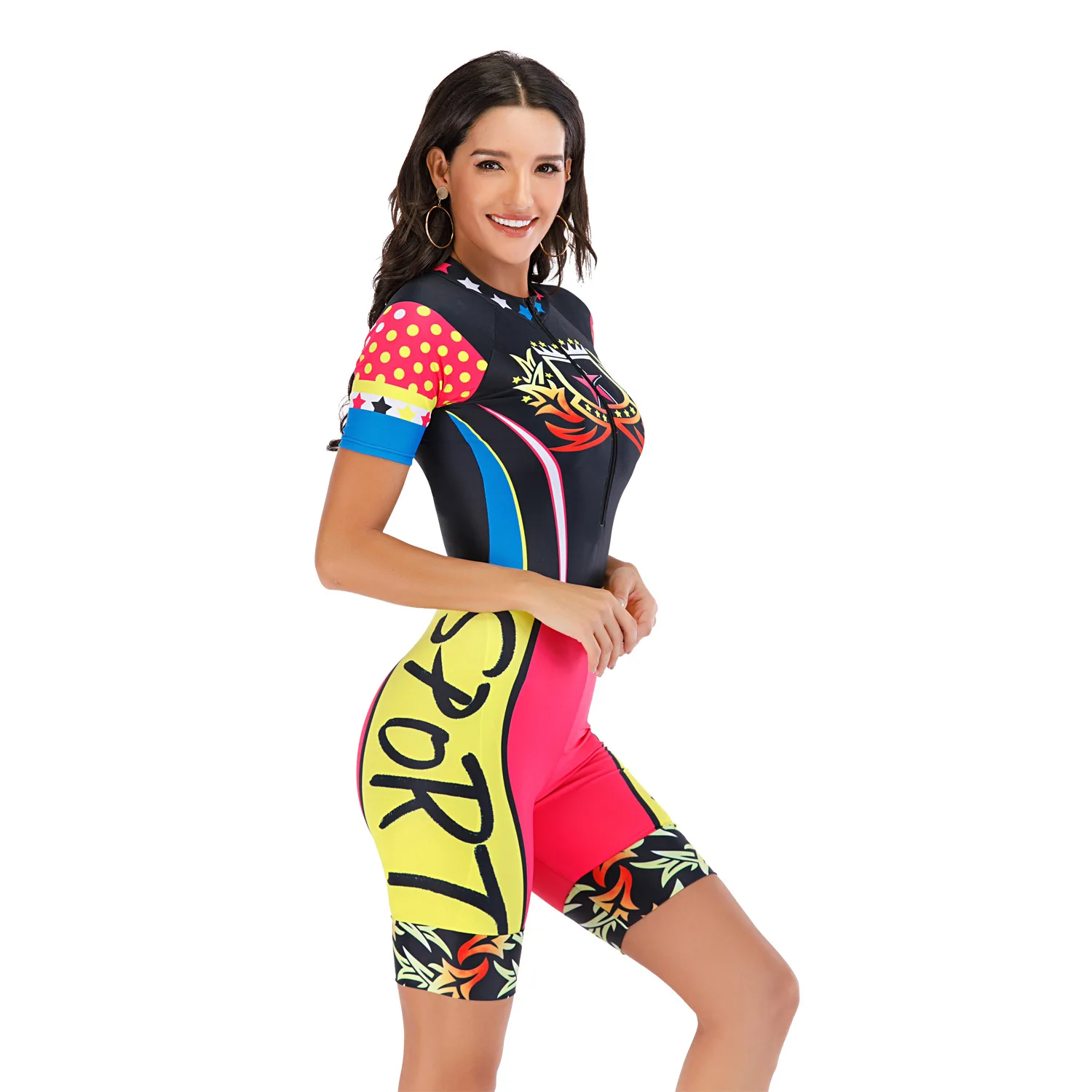 Women's Fashion One Piece Multi Colored Surfing Wetsuit Short Sleeves Front Zipper Diving Suit Swimwear