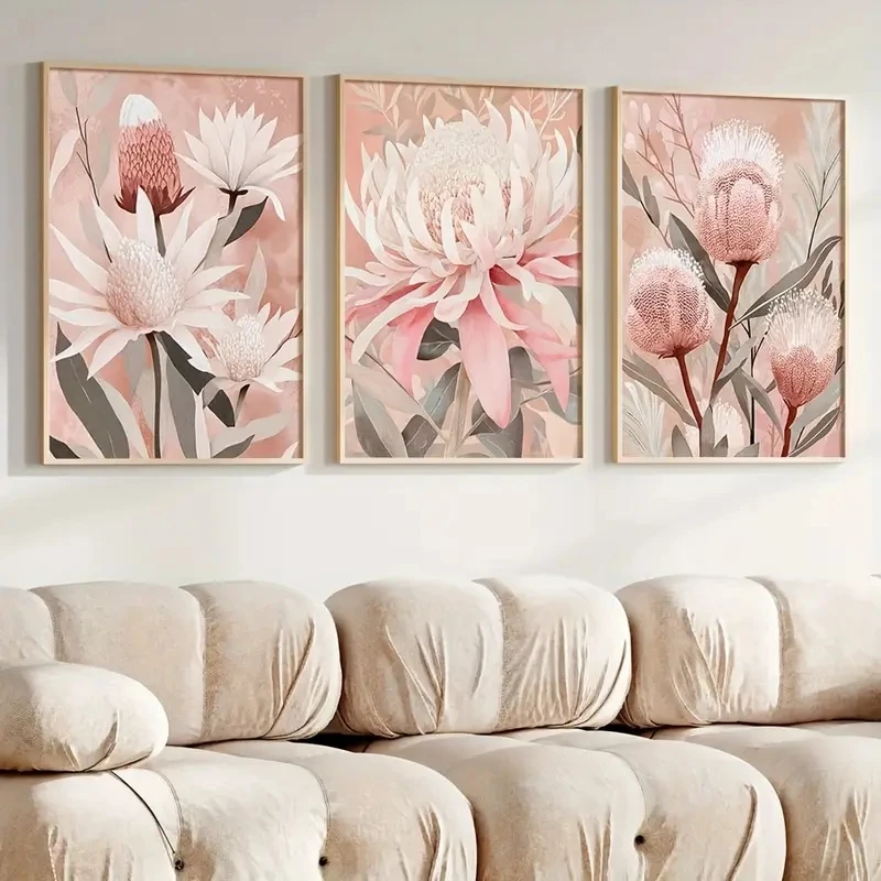 

3pcs/Set Pink Floral Plant Art Wall Canvas Poster Abstract, Modern Suitable for Living Room, Kitchen Office Cafe Home Decoration