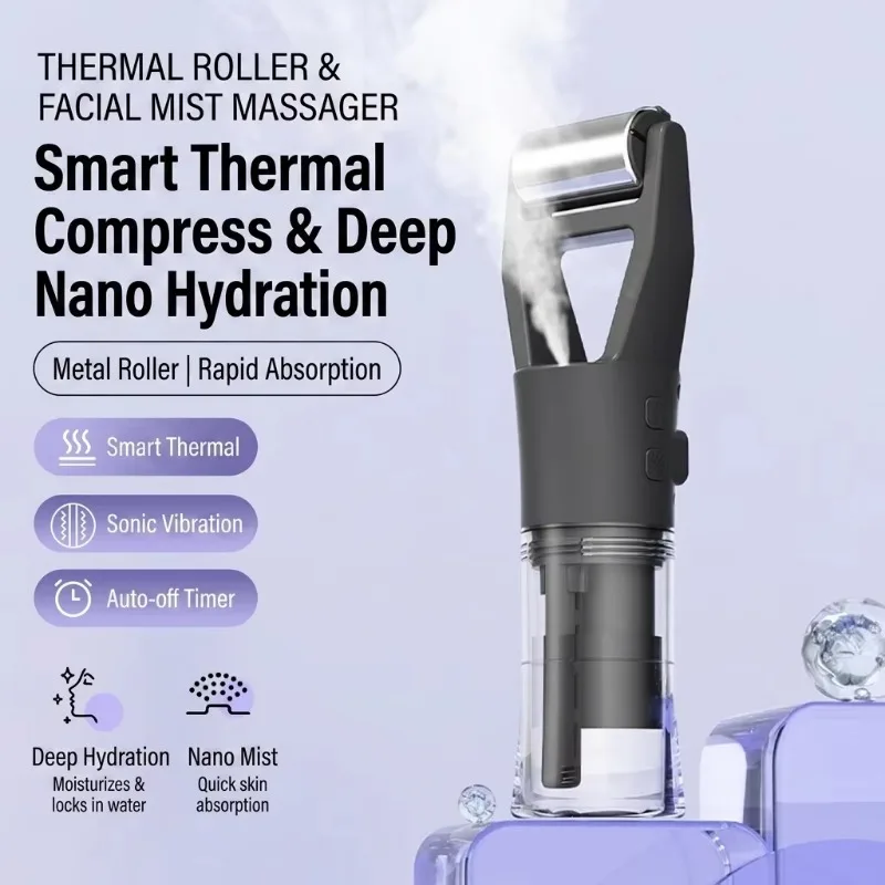 Portable Sonic Vibration Facial Massager Nano Mist Sprayer Mini Hot Face Roller Beauty Device for Home Travel Use