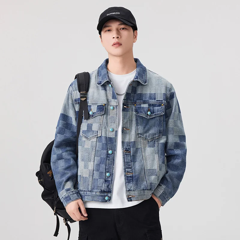 2026 Spring/Autumn Checkerboard Mosaic Denim Jacket for Men Plus Size 5XL Oversized Unisex Couple Checkered Pattern Matching Top