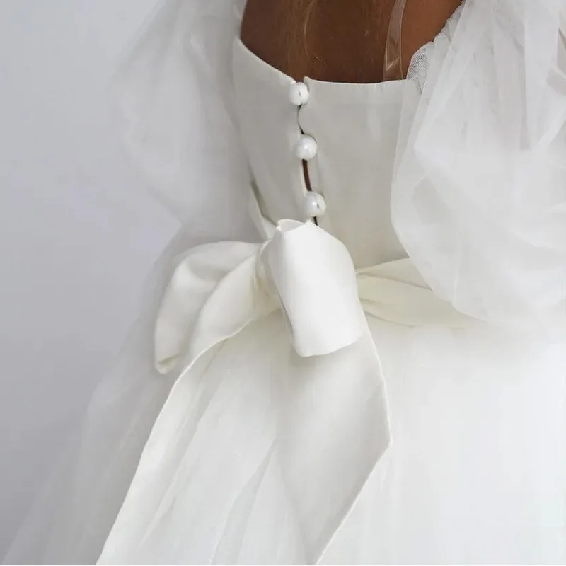 Flower Girl Satin Dress with Pearls Flutter Sleeves V Back Gown with Removable Bow for Wedding Birthday Party