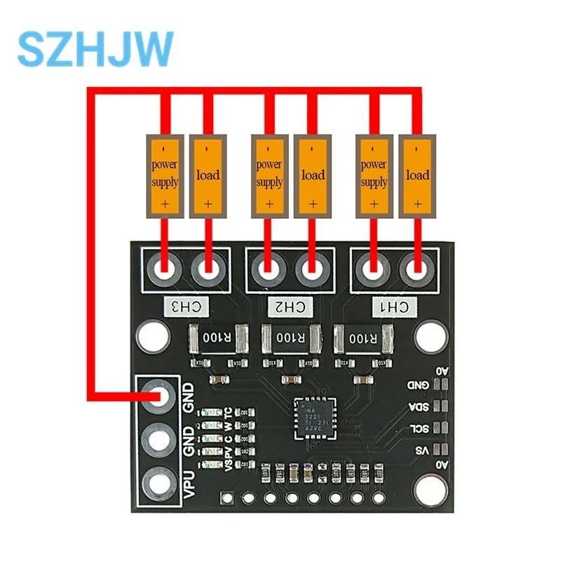 I2C SMBUS INA3221 Triple-Channel Shunt Current Power Supply Voltage Monitor Sensor Board Module Replace INA219 With Pins