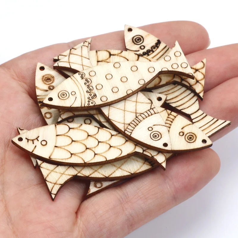 10/25pcs Mixed Fish Cartoon Wooden Slices Embellishments DIY Crafts For Scrapbooking Handmade Wood Ornament Home Decor Supplies