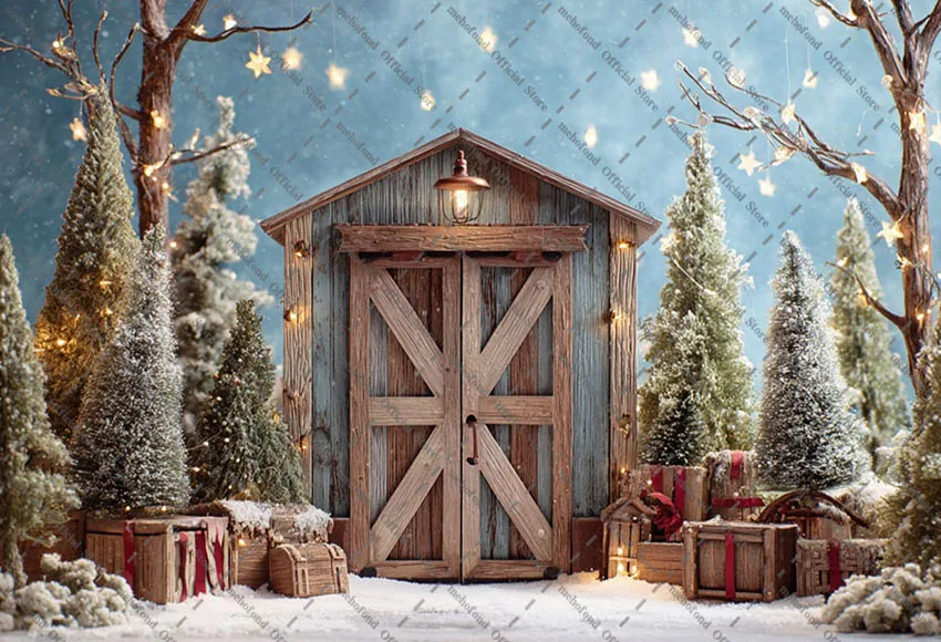 Latar Belakang Fotografi Mehofond Natal Musim Dingin Hutan Salju Berkilauan Pohon Pinus Anak-anak Potret Keluarga Dekorasi Latar Belakang Studio Foto