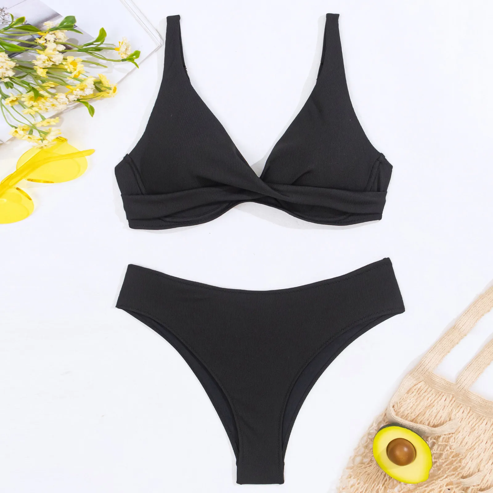 V-neck Swimwear Two Pieces Swimsuit Female Low Waist Bikini Set Brazilian Bathing Suit Bathers New Sexy Solid Bikini Women