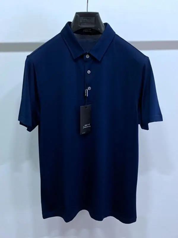 

Summer Thin ort Sve T-irt Silk Cotton Blend Collared Tee Buttons Men's Soft Skin-Friendly Cool Feeling Breathable