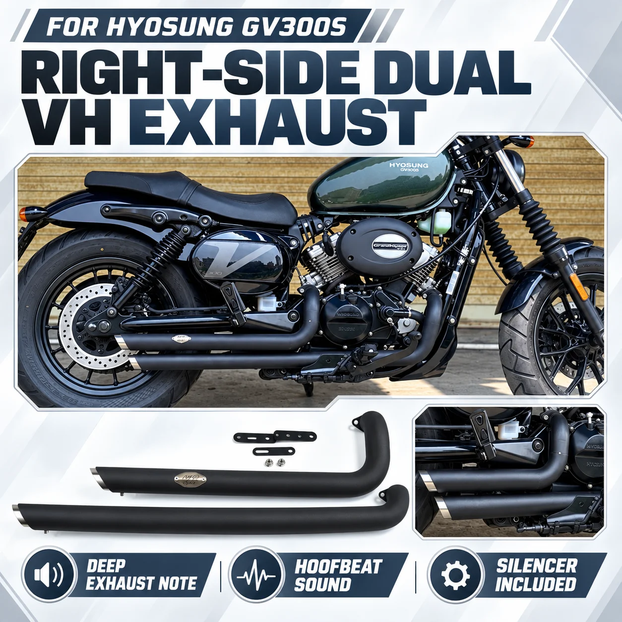 Dual-exit VH exhaust system (right side) for HYOSUNG GV300S / GVS300