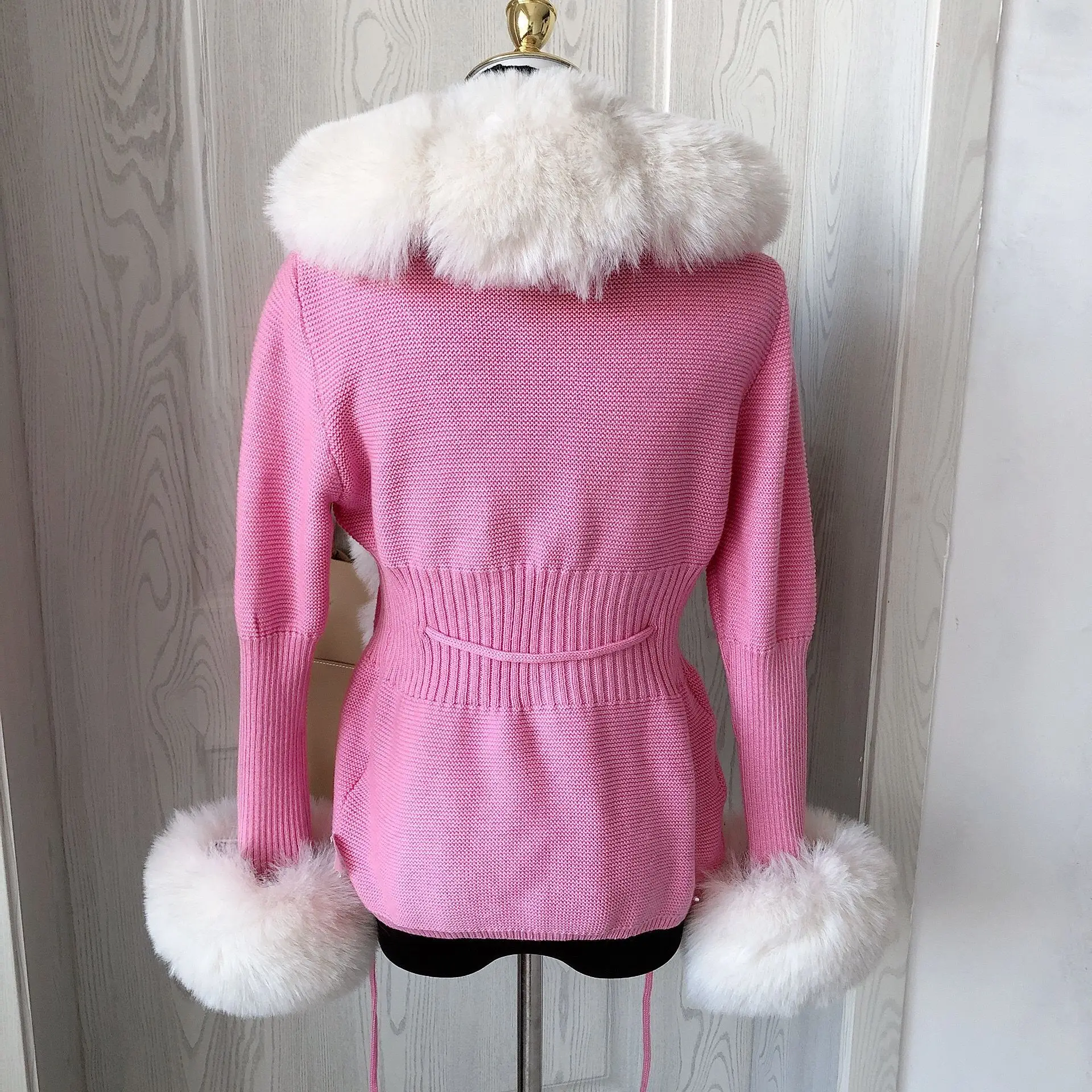 Damen Crop-Cardigan Frühling Herbst Bestseller Kunstfell Strickjacke mit Kunstfuchsfell-Kragen für Damen – Detail 9