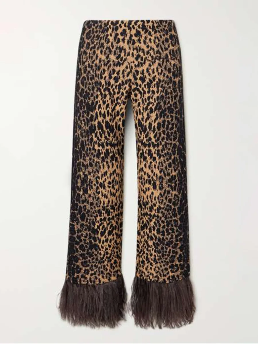 Onecozyday 2024 New Leopard Printed Pants for Women Side Zipper High Waist Ankle-Length Trousers Faux Feathers Loose Fit Pants