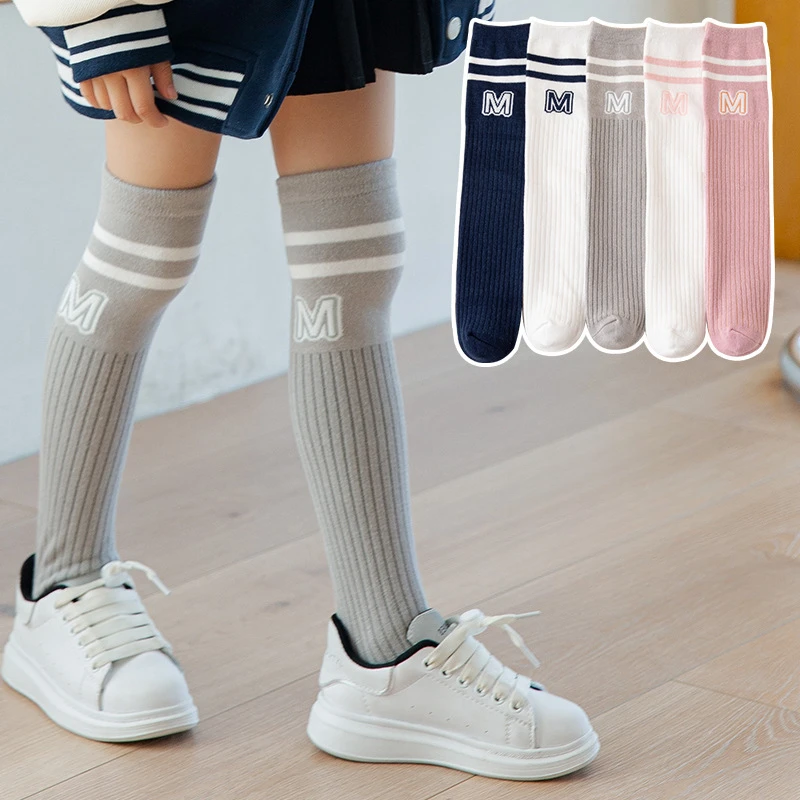 

2024 New Kids Knee High Long Socks Autumn Winter Warmth Soft Cotton Children School Stocking Stripes Sports Socks