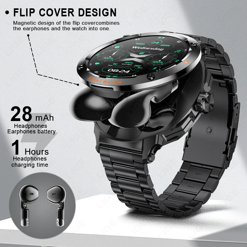 2026 LIGE New 2 IN 1 Smart Watch TWS Earphones NFC Heart Rate Blood Oxygen Fitness Tracker Sport Watch Bluetooth Call Smartwatch