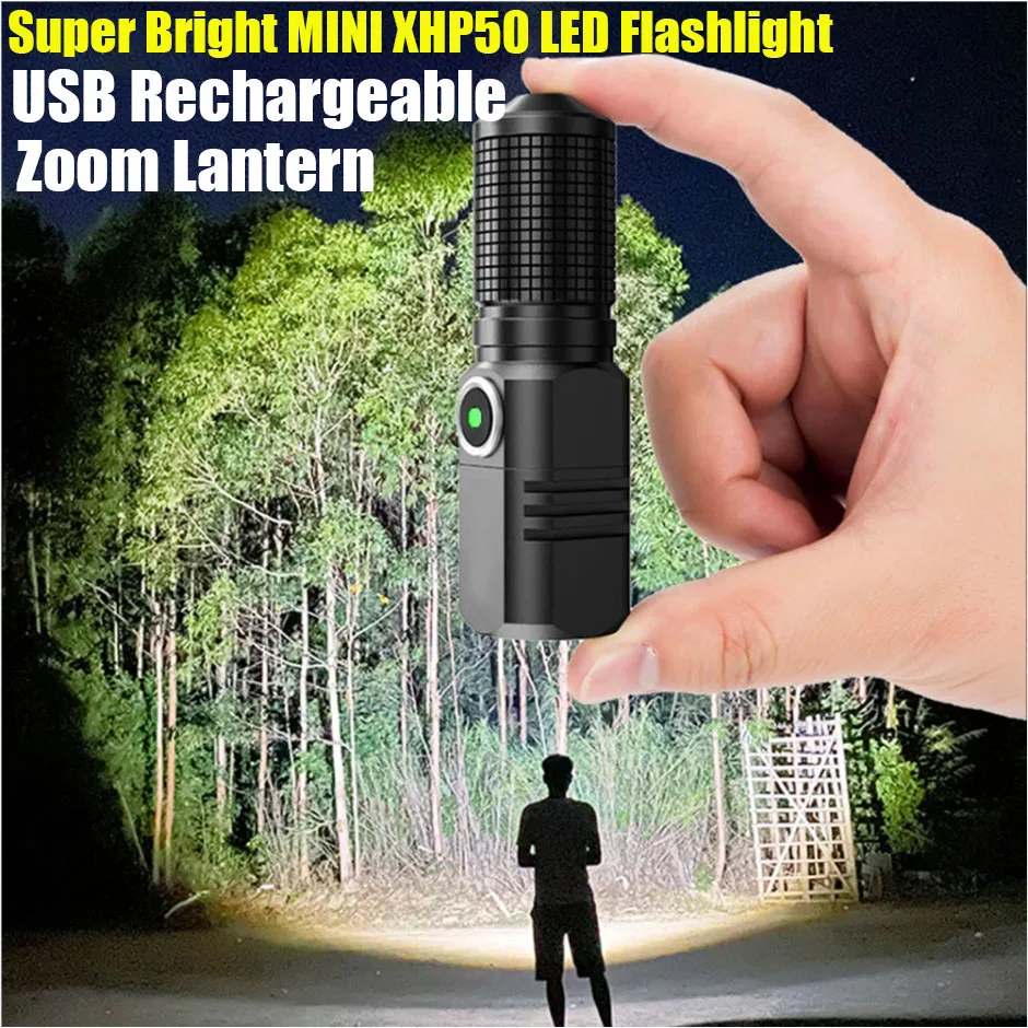 

Super Bright XHP50 LED Flashlight Mini Rechargeable Zoom Torch with 16340 Battery Powerful Tactical Lamp Outdoor Camping Lantern