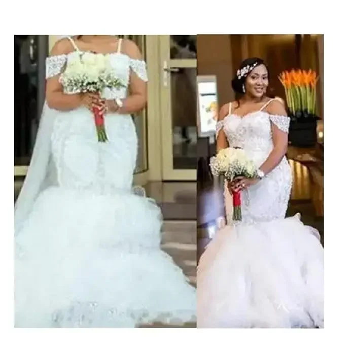 

Customized African Plus Size Spaghetti Straps Mermaid Off Shoulder Custom Made Bridal Bride Lace Wedding Dress