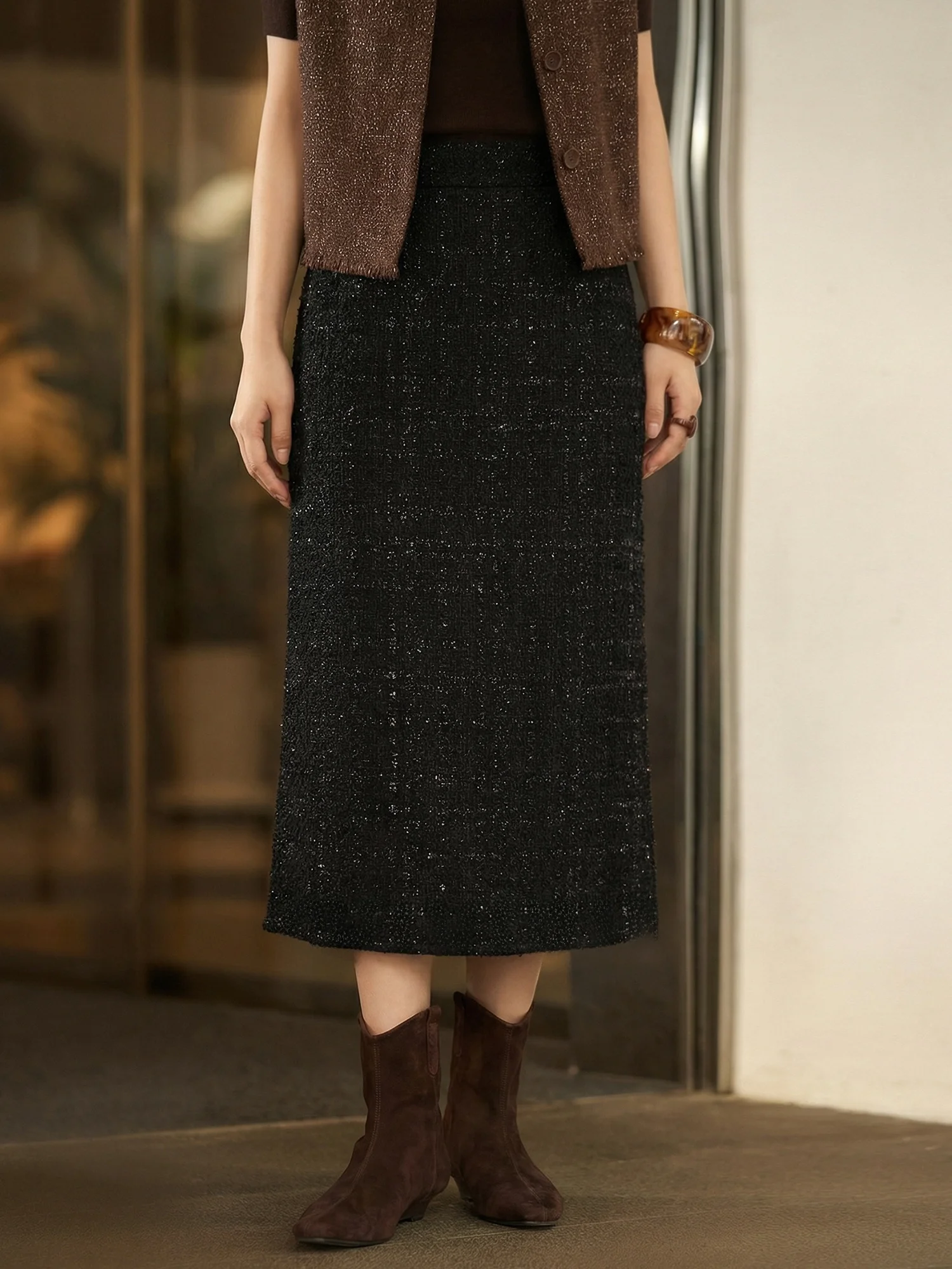 

Женская юбка миди с высокой талией из шерстяной хлопковой смеси, осенне-зимняя, черная, утягивающая, Chivirin Ladies Fashion