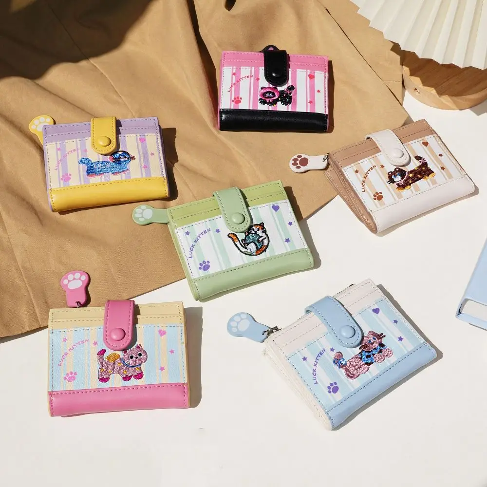 Simple Korean Style Embroidery Cat Wallet Ultra Thin Cartoon Card Bag Card Holder Multi Slot PU Leather Card Holder Travel