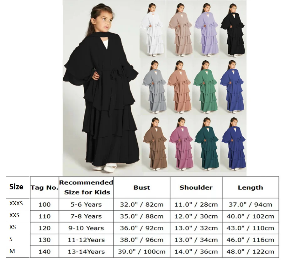 

Детское элегантное платье Abaya, новинка, Струящееся трехслойное шифоновое платье для девочек