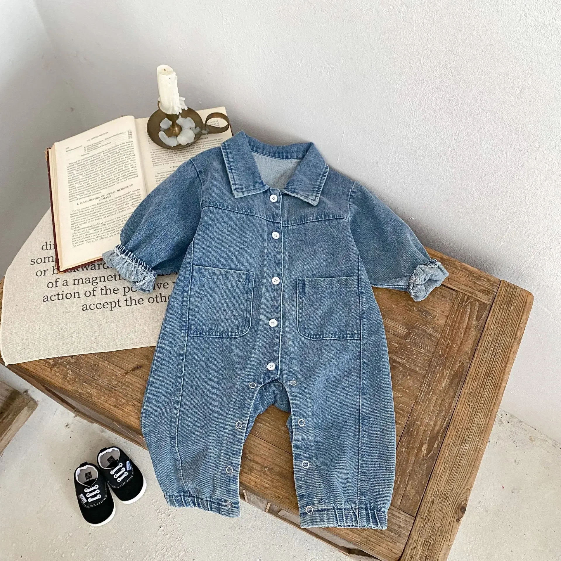 Fashion Newborn Baby Denim Romper 0-3Years Infant Boy Girl Long Sleeve Cartoon Bear Breasted Jumpsuit Outfits Spring Clothes