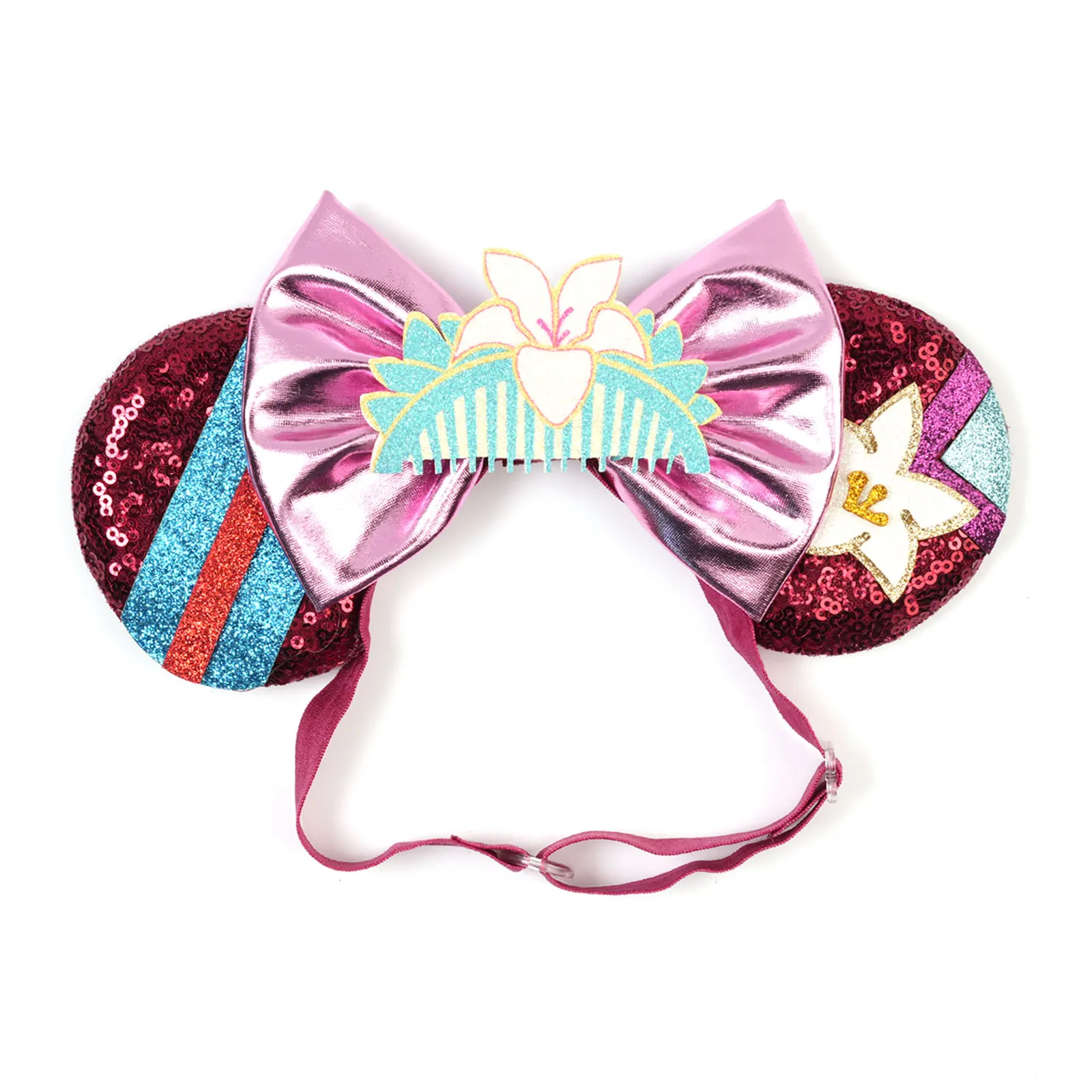 Mulan elastische Haarbänder für Mädchen, Cosplay, Cartoon-Kleidung, Ohren, Haarschmuck, Damen, Magnolienblüten, Pailletten, Schleife, Stirnband für Kinder – Detail 8
