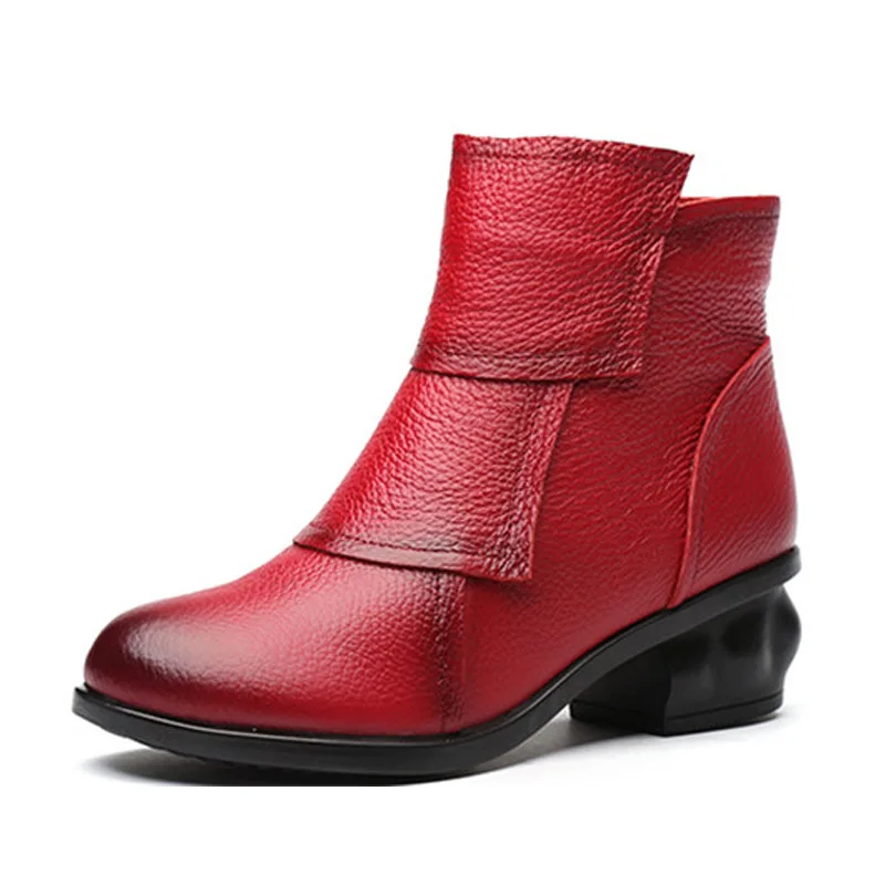 Retro Waterproof Ankle Boots for Women Genuine Leather Blue Square Heels Vintage Comfortable Luxury Heeled Shoes