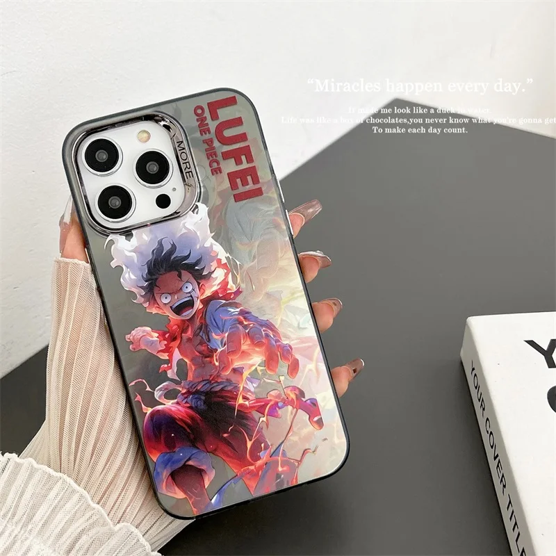 Coole Japan Anime einteilige Nika Ruffy Gear 5 für iPhone 15 14 13 12 11 Pro Max farbige Silber galvani sierte stoß feste Abdeckung