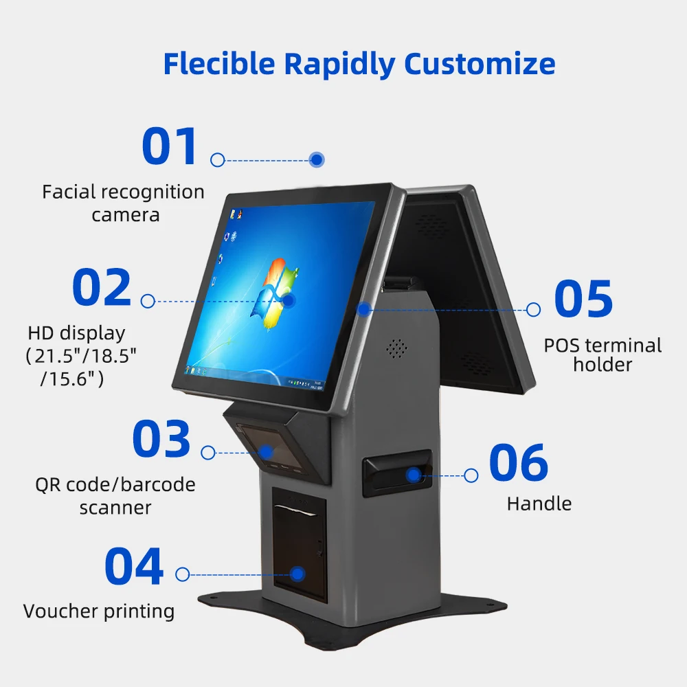 Custom Portrait/Landscape Mode 10-point Touch Screen Quad Core CPU SDK Enabled Self Service Kiosk Code Scanner Receipt Printer
