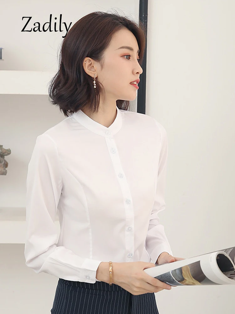 Zadily Office Lady Long Sleeve Women White Basic Shirt Blouse Stand Neck Tunic Button Up Work Female Clothing All Season Tops