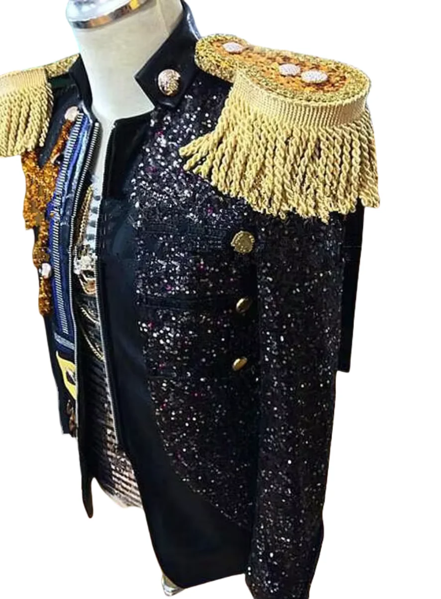 High Quality Royal Court Chain Shoulder Tassel Jacket Stage Show Host Singer Performance Dress Party Club Theme Outfits