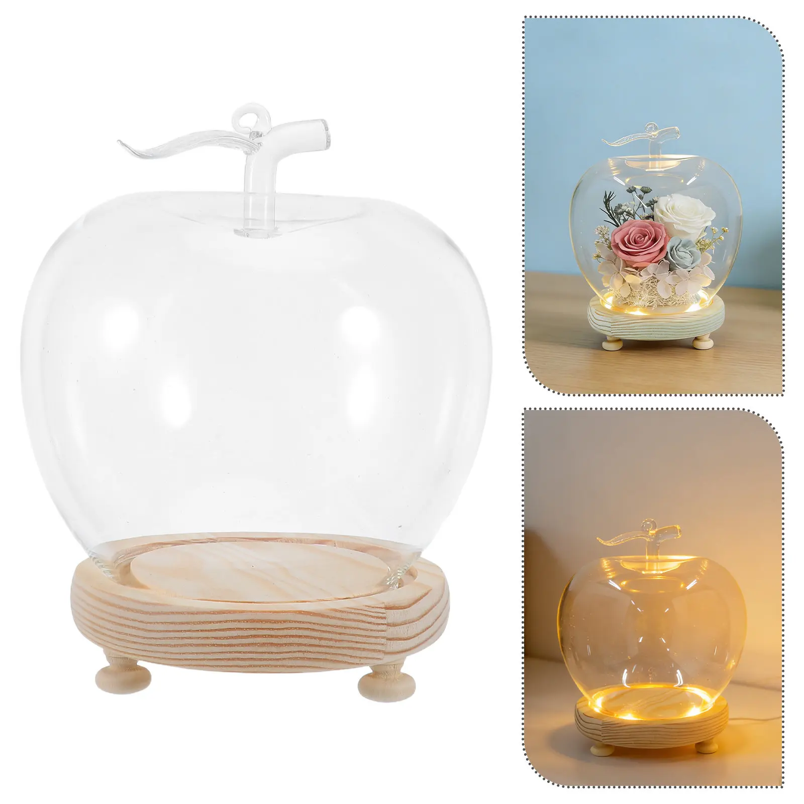 1Set Glass Dome Cloche Apple Shaped Clear Display Case Wood Base for Craft Keepsake Decor Large Bell Jar Terrarium Centerpiece