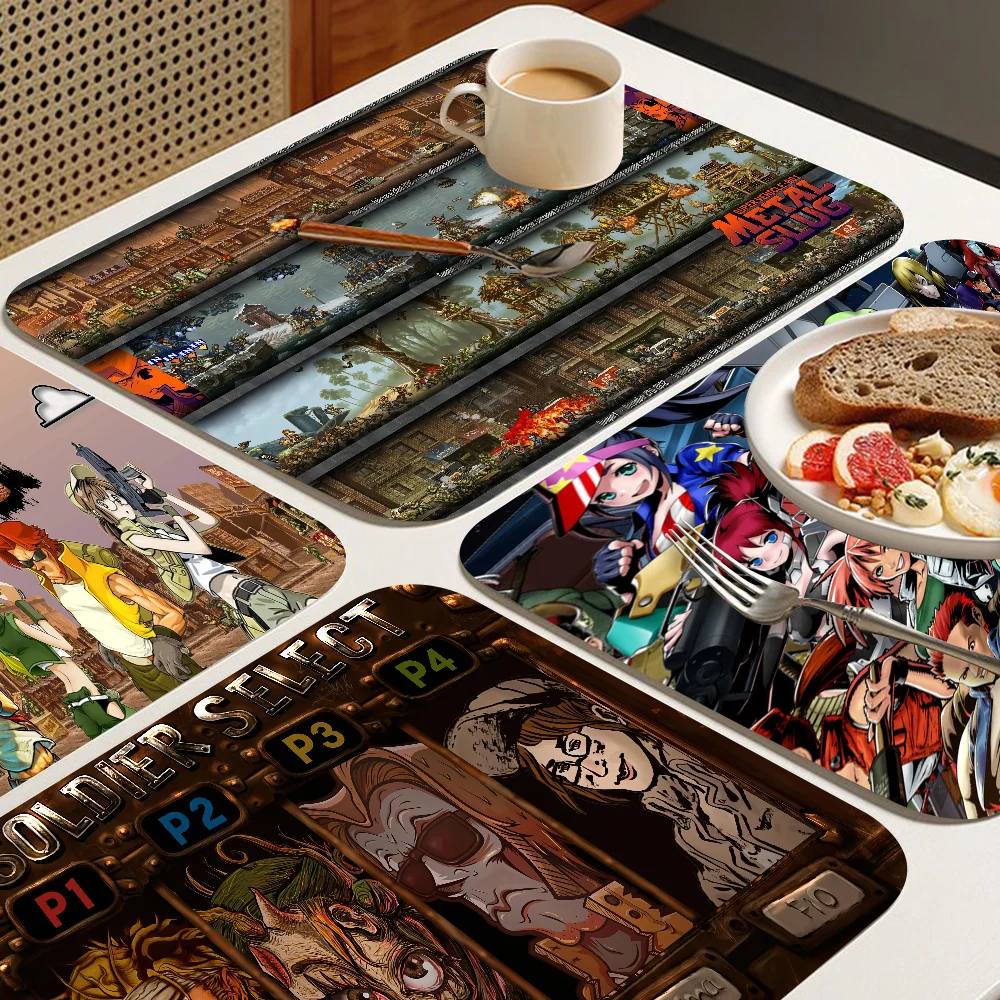 Metal Slug Retro Game Cartoon Quick Drying Dish Mat Printed Kitchen Non-slip Coffee Cup Pad Drain Mats Dinnerware Cup Placemat