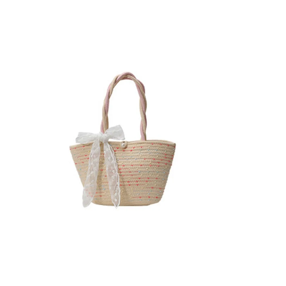 

Cute Shoulder Bag Woven Tote Bag Korean Style with Ribbon Pink Tote Handbag Underarm Bag Solid Color Summer Beach Bag Female