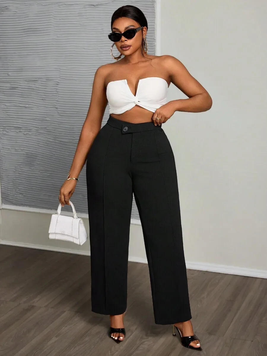 Slaydiva Plus Size Solid Black High Waist Straight Leg Pleated Wide Leg Pants, Casual & Elegant, Autumn/Winter