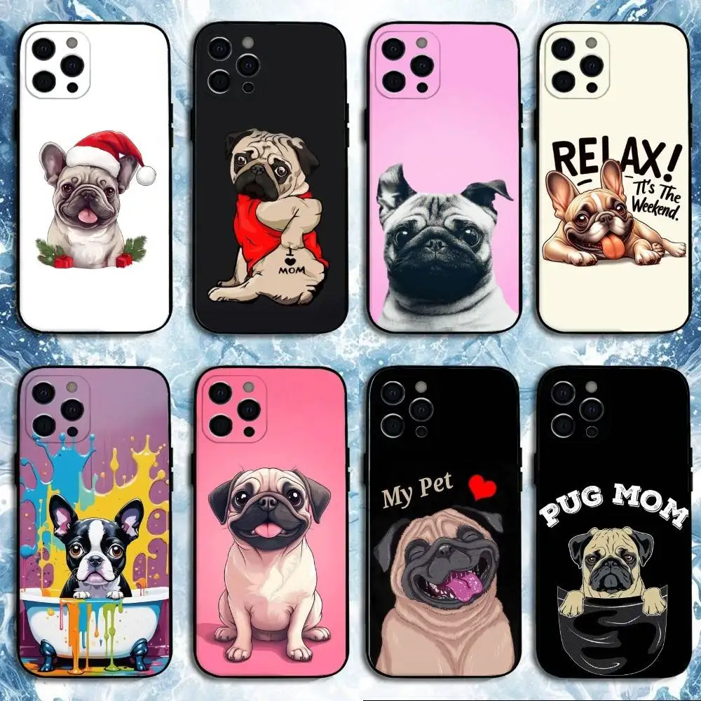 Capa de telefone pug dog buldogue francês para iphone17,16,15,14,13,12,11 plus, pro max, capa preta de silicone macio