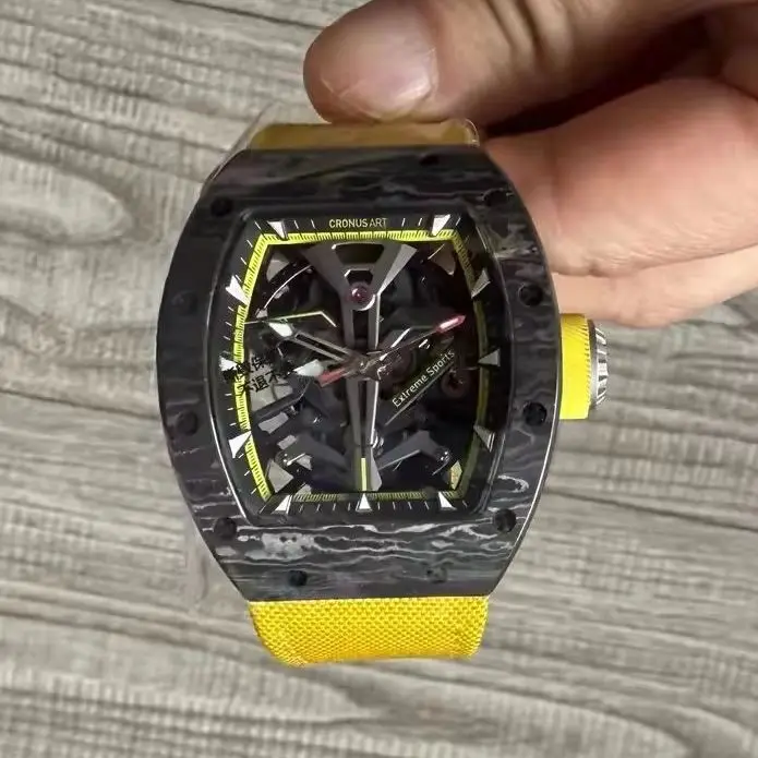 CRONUSART Men Automatic Watch Tonneau Mechanical Wristwatch Carbon Fiber Case Luminous Sapphire Mirror Wingsuit Flying Dial