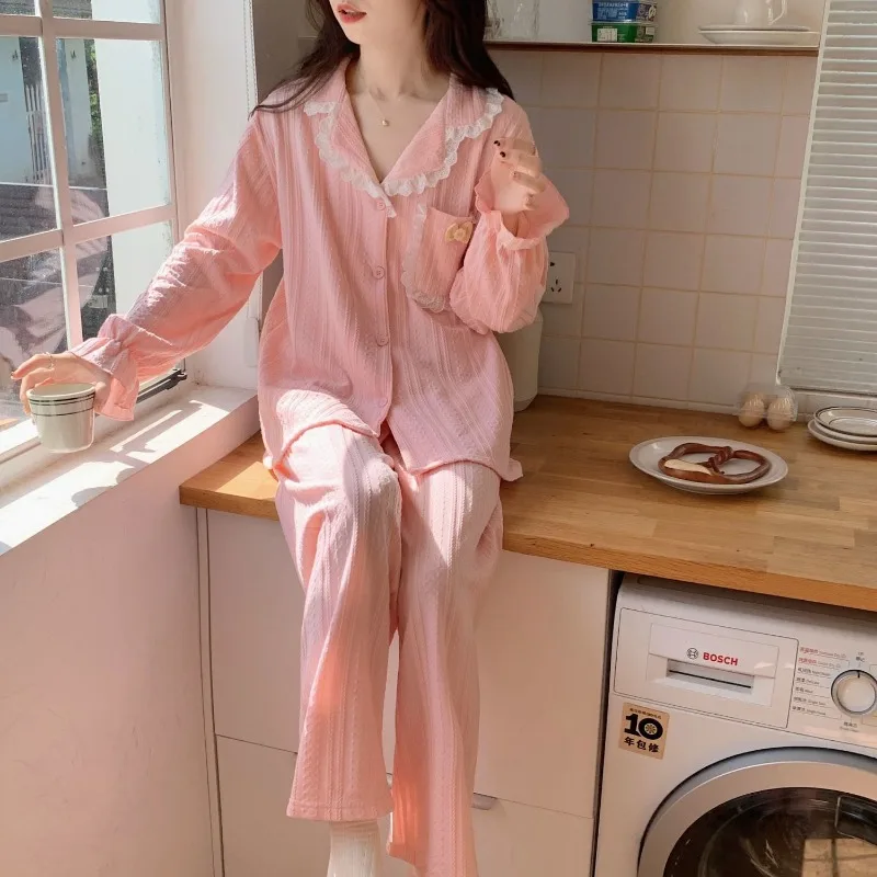 2024 New Pajama Girl Spring Autumn Pure Cotton Sleepwear Long Sleeved Cardigan Loungewear Sweet Girl V-neck Lace Homewear Set