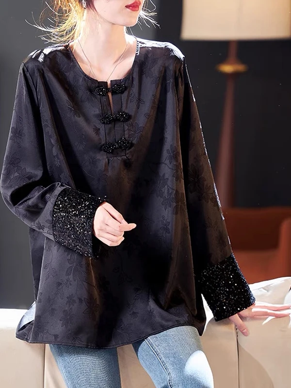 Nowa chińska luźna bluzka damska z szyfonu z kwiatowym haftem, modna, uniwersalna, z szerokim rękawem i okrągłym dekoltem, kolekcja wiosna 2025.