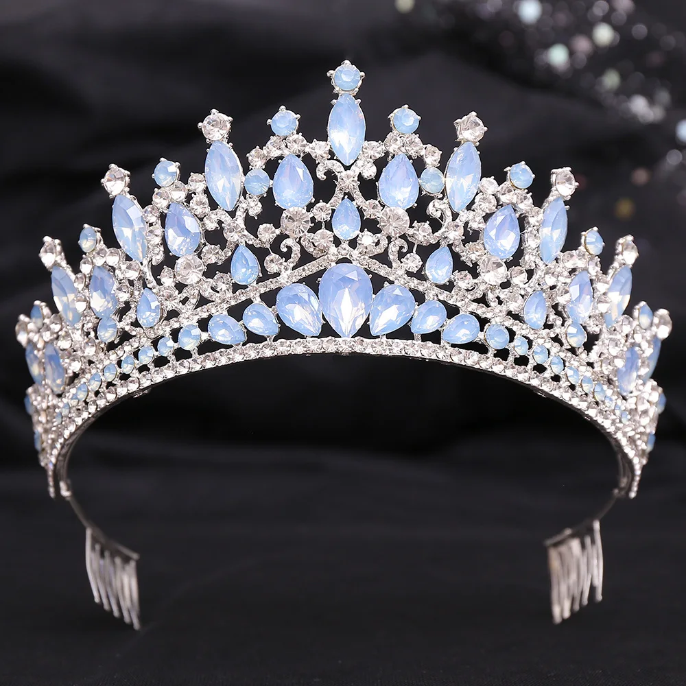 Baroque Blue Green Opal Wedding Crown With Comb Crystal Royal Queen Bridal Tiaras Big Rhinestone Pageant Diadem Head Accessories