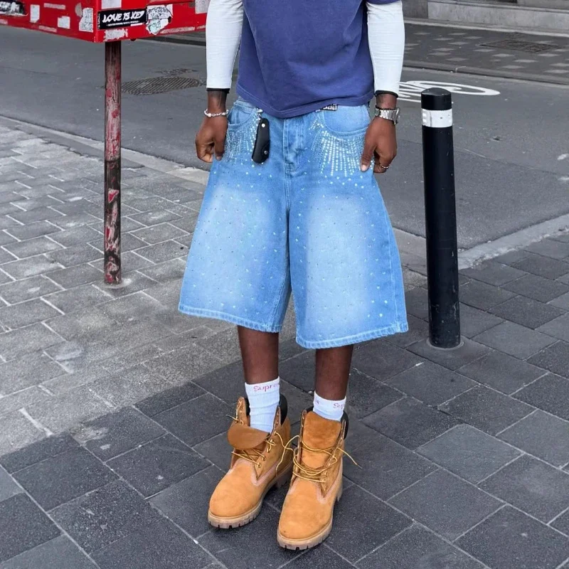 

Streetwear Mens Womens Vintage Rhinestone Sequin Denim Shorts Y2K Jeans Hip Hop Washed Baggy Jeans Low Rise Over The Knee Pants